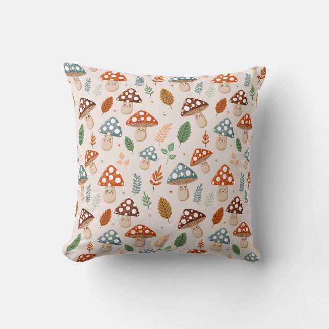 Mushroom, Fall foliage, Nature Patten  Throw Pillow (Front)