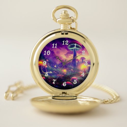 Mushroom Fantasy Glowing Forest Watercolor Pocket Watch