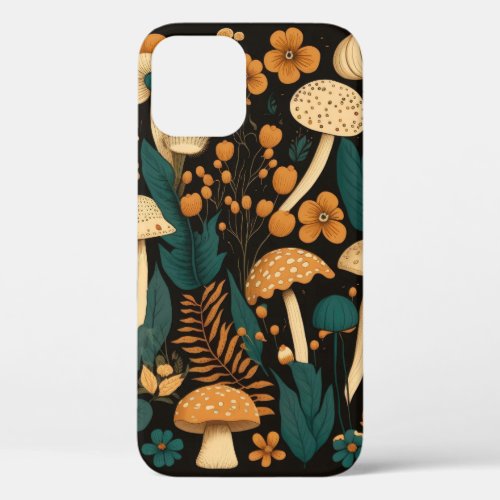 Mushroom Fern and Flower Illustration Pattern iPhone 12 Case