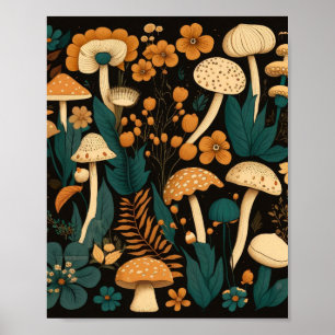 Mushroom Fern and Flower Illustration Pattern Poster