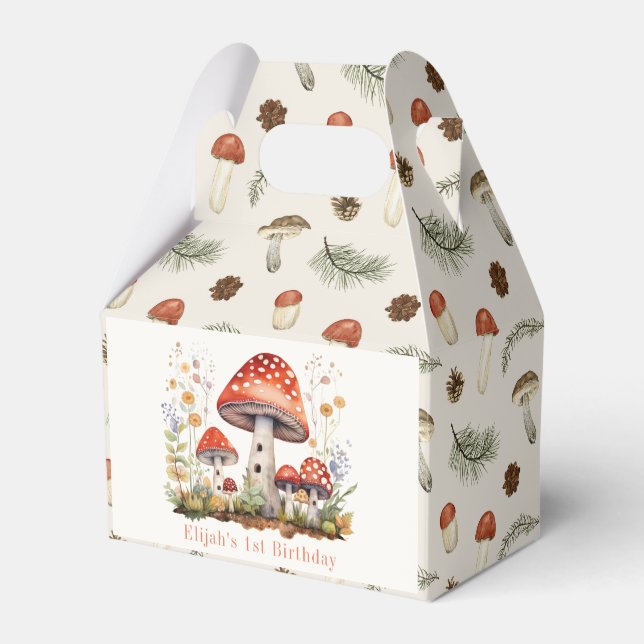 Mushroom Floral Boy Birthday Favor Boxes (Front Side)