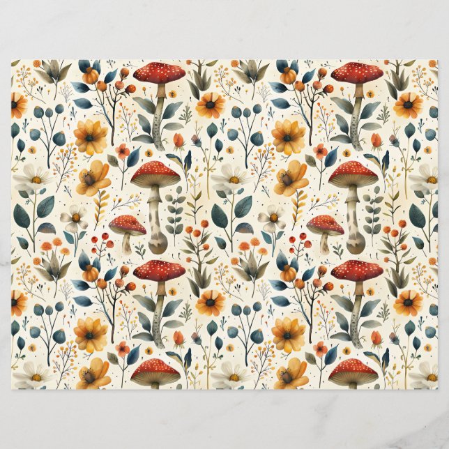 mushroom flowers fall pattern scrapbook paper (Front)