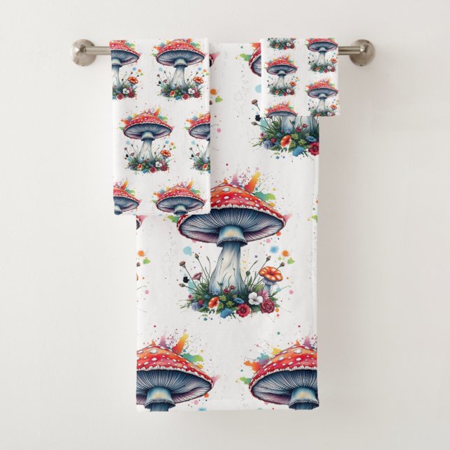 Mushroom Flowers Woodland Colorful Splash  Bath Towel Set (Insitu)