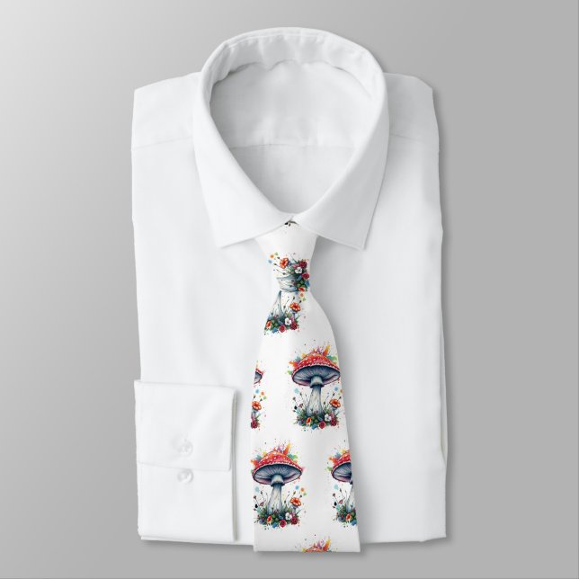 Mushroom Flowers Woodland Colorful Splash  Neck Tie (Tied)