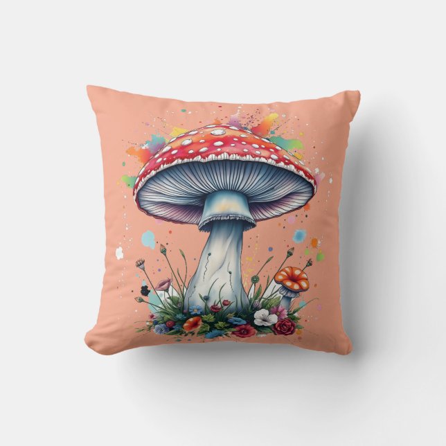 Mushroom Flowers Woodland Colorful Splash  Throw Pillow (Front)