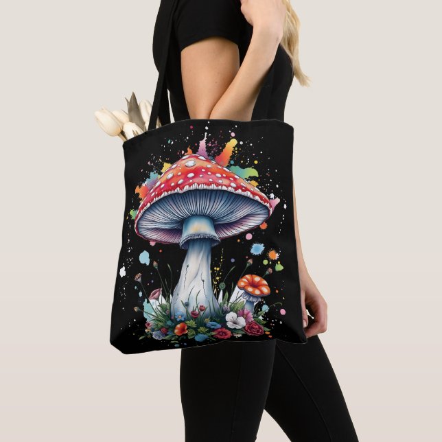 Mushroom Flowers Woodland Colorful Splash  Tote Bag (Close Up)