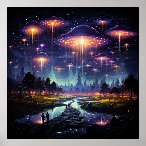 Mushroom Flying Saucer Trippy Art Poster