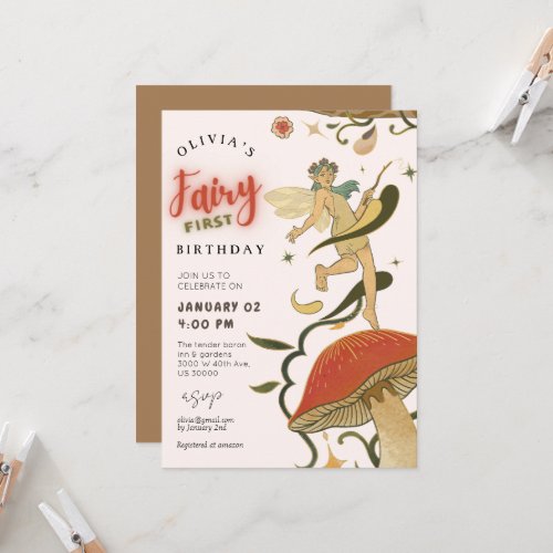 Mushroom Forest fairy girl 1st birthday  Invitation