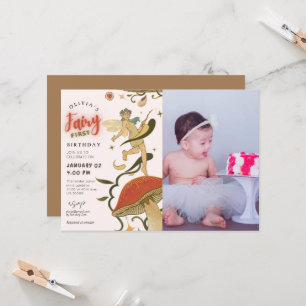 Mushroom Forest fairy girl photo 1st birthday Invitation