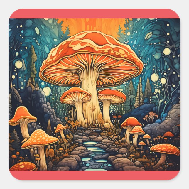 mushroom forest vivid color square sticker (Front)