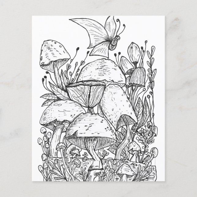 Mushroom Garden Butterfly Coloring Page (Front)