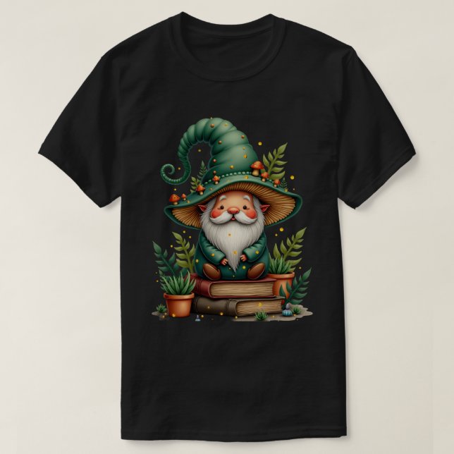 Mushroom Gnome Hat Plant Parent Foraging Guide Bot T-Shirt (Design Front)