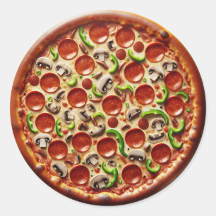 Mushroom, Green Peppers and Pepperoni Pizza Classic Round Sticker