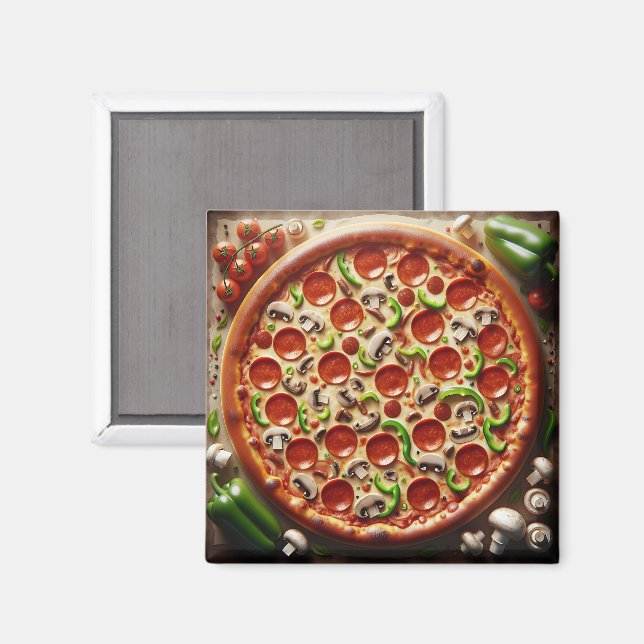 Mushroom, Green Peppers and Pepperoni Pizza Magnet (Front/Back)