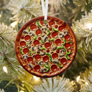 Mushroom, Green Peppers and Pepperoni Pizza Metal Ornament