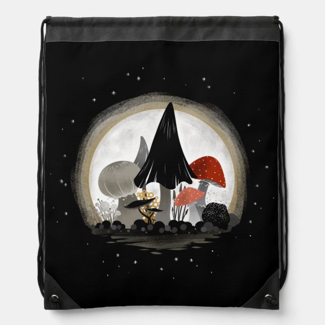 Mushroom Harvest Moon Drawstring Bag - Black (Front)