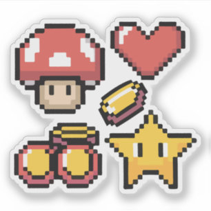 Mushroom, heart, star and cherry Pixel Art Sticker