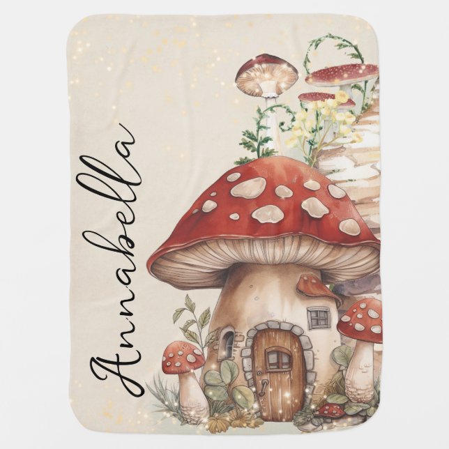 Mushroom House Enchanted Garden Custom Name Baby Blanket (Front)