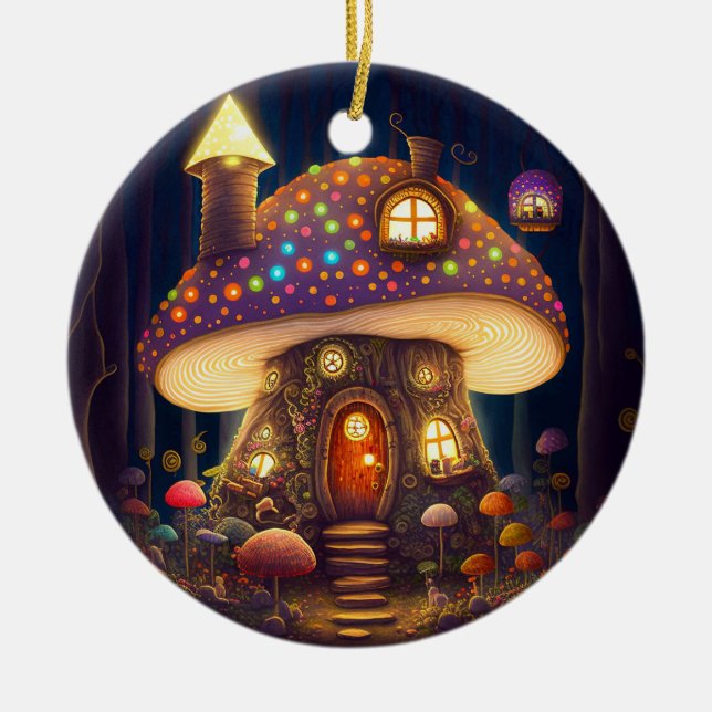 Mushroom House Fantasy Art Ceramic Ornament (Front)