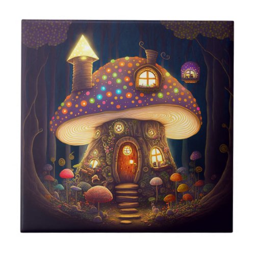 Mushroom House Fantasy Art Ceramic Tile