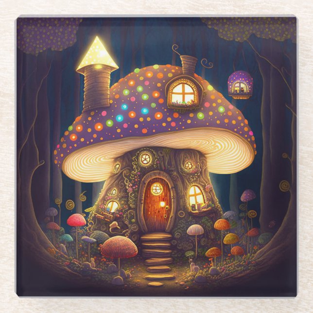 Mushroom House Fantasy Art Glass Coaster (Front)