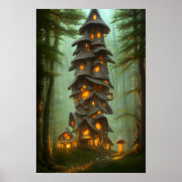 Mushroom House Forest Fantasy Art Poster