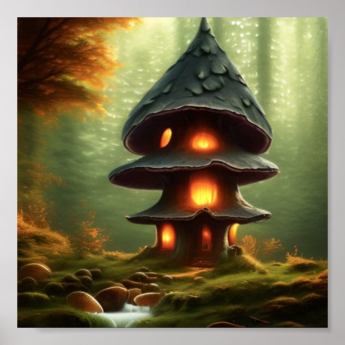 Mushroom House Forest Fantasy Art Poster