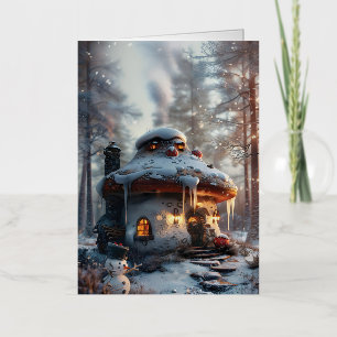 Mushroom house in the snow foil greeting card