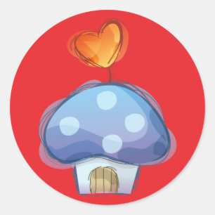 Mushroom House on Red Classic Round Sticker