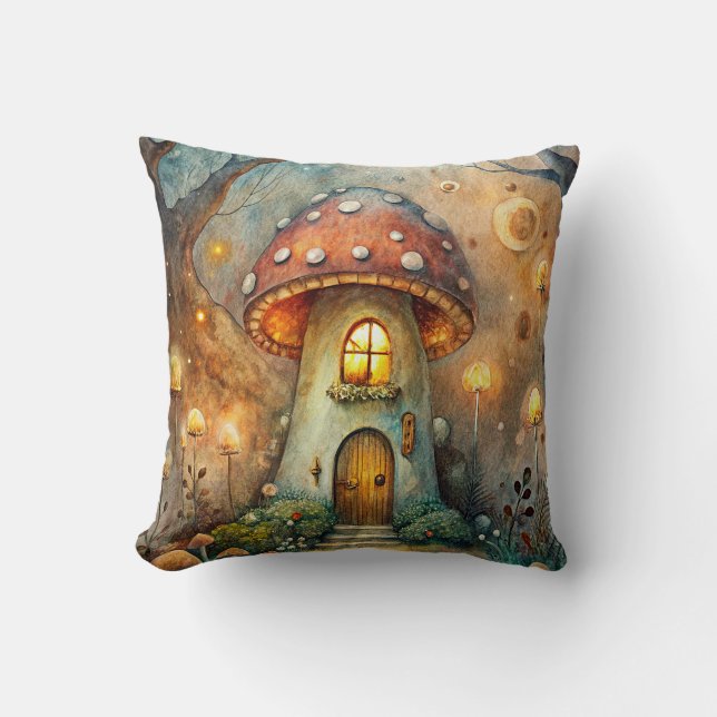 Mushroom House Throw Pillow (Front)