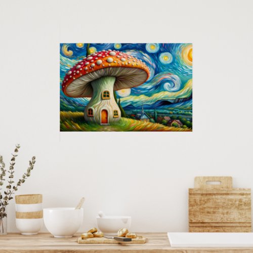 Mushroom House Van Gogh Starry Night Painting  Poster