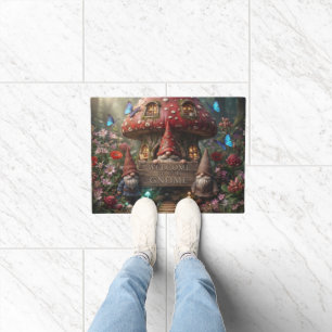 Mushroom House With Gnomes And Welcome Sign Doormat