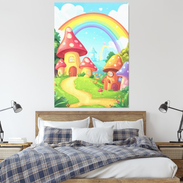 Mushroom houses and rainbow canvas print (Insitu(Bedroom))