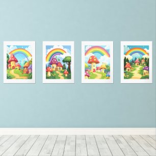 Mushroom houses and rainbow wall art sets