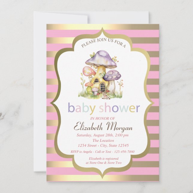 Mushroom Houses Gold Stripe Baby Shower  Invitation (Front)