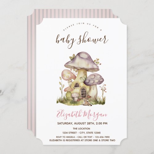 Mushroom Houses Pink Stripes Baby Shower   Invitation