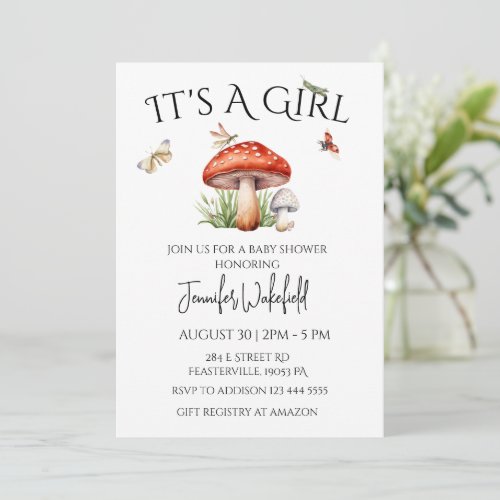 Mushroom Insects Woodland Forest Baby Shower Girl Invitation