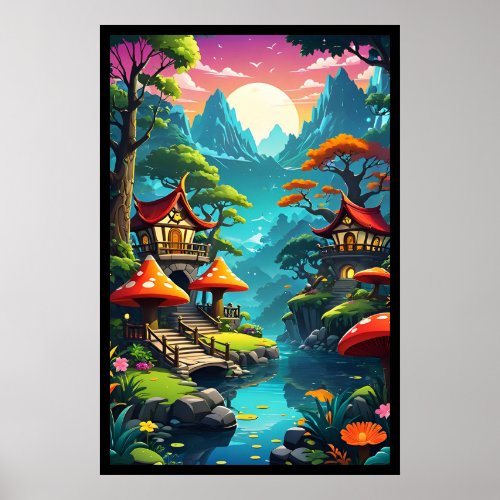 Mushroom Land Fantasy Valley Landscape Poster