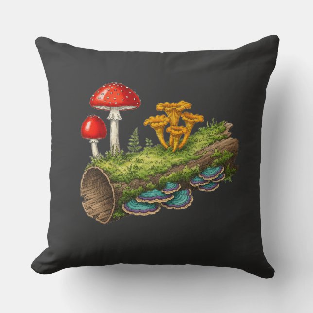  Mushroom Log Fantasy Fungi Illustration Throw Pillow (Front)