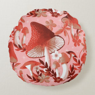 Mushroom Magic pink and red Round Pillow