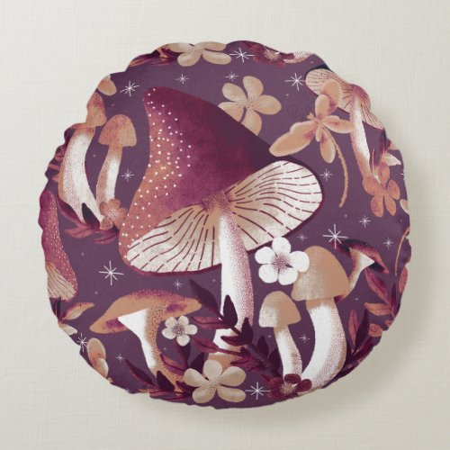 Mushroom Magic purple Round Pillow