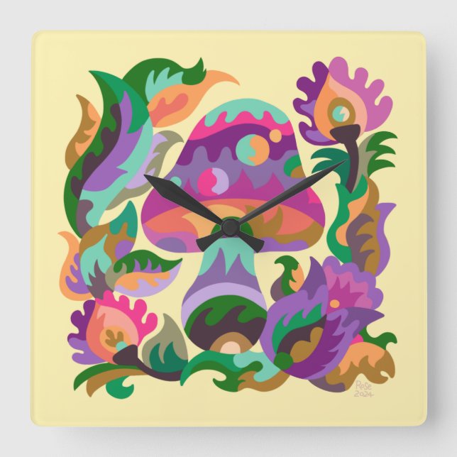 Mushroom Magic Rainbow Trivet Square Wall Clock (Front)