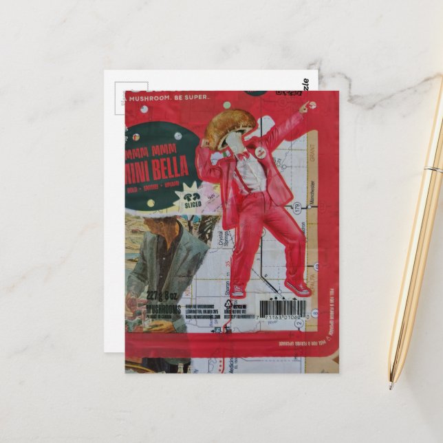 Mushroom Man and Map With Retro Images Collage Postcard (Front/Back In Situ)
