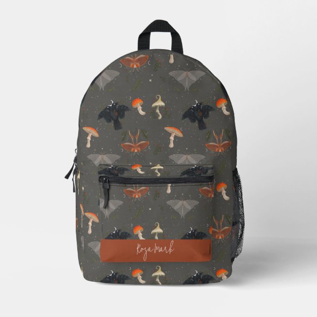 Mushroom Moth Butterfly Pattern Printed Backpack (Front)