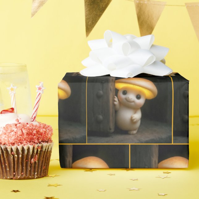 Mushroom Munchkin Peeking Around a Door Wrapping Paper (Birthday Party)