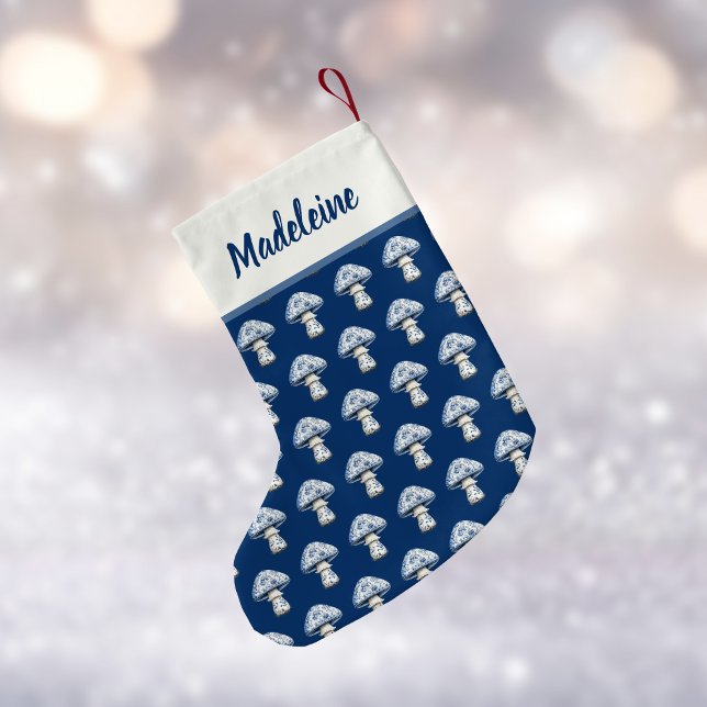 Mushroom Pattern in Cute Navy and Blue Chinoiserie Small Christmas Stocking (Creator Uploaded)