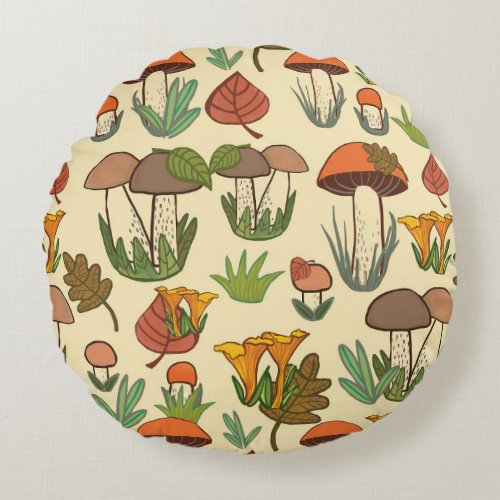 Mushroom Pattern Nature Inspired Round Pillow
