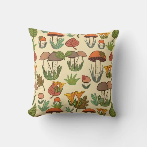 Mushroom Pattern Nature Inspired Throw Pillow