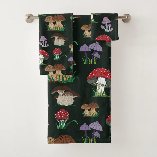 Mushroom Pattern on Dark Green Bath Towel Set Zazzle