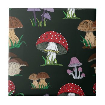 Mushroom Pattern On Dark Green Ceramic Tile by Eclectic_Ramblings at Zazzle